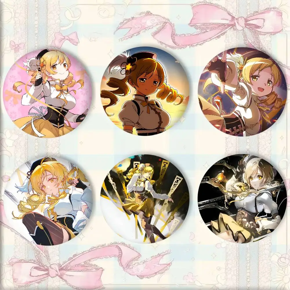 Anime P-Puella M-Magi Madoka Magica Tomoe Mami Manga Badge Tinplate Round Laser Brooch Clothes Backpack Accessories Lapel