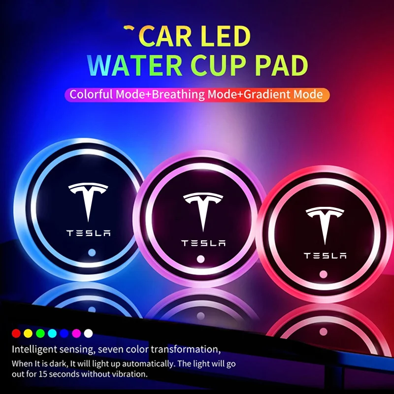 2pc 7 Colors Car Styling LED Luminous Water Cup Pad For Tesla Model 3 Model Y Model S Model X Roadster Cybertruck Juguete SpaceX