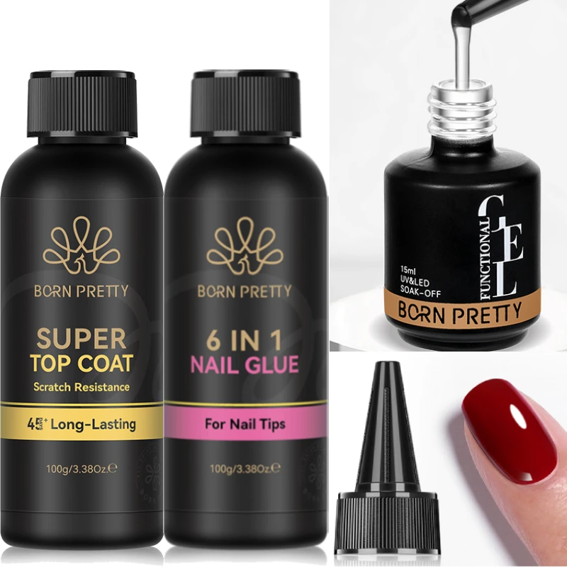 

BORN PRETTY 100ml Super Top Coat &6 in 1 Nail Glue Gel Nail Polish Big Volume Soak Off UV LED Long Lasting Nail Art Varnish