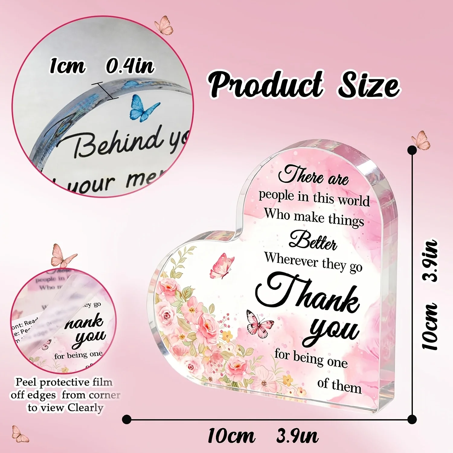 Thank You Acrylic Heart Plaque with Pink Flowers & Butterflies, Inspirational Keepsake Decor, Ideal Thanksgiving Gift