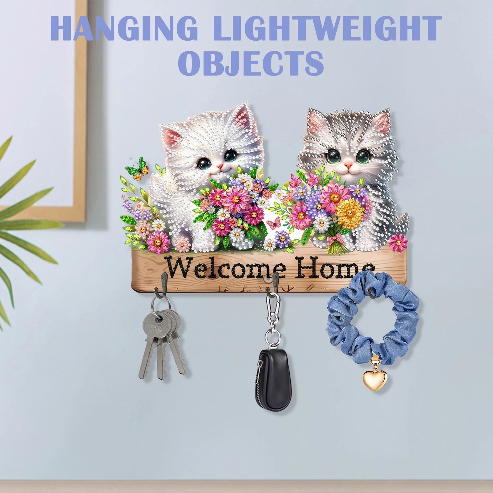 

Wooden Dog & Flower Rhinestone Painting Coat Hook Cat & Flower DIY Diamond Painting Art Hooks for Home Office Decor