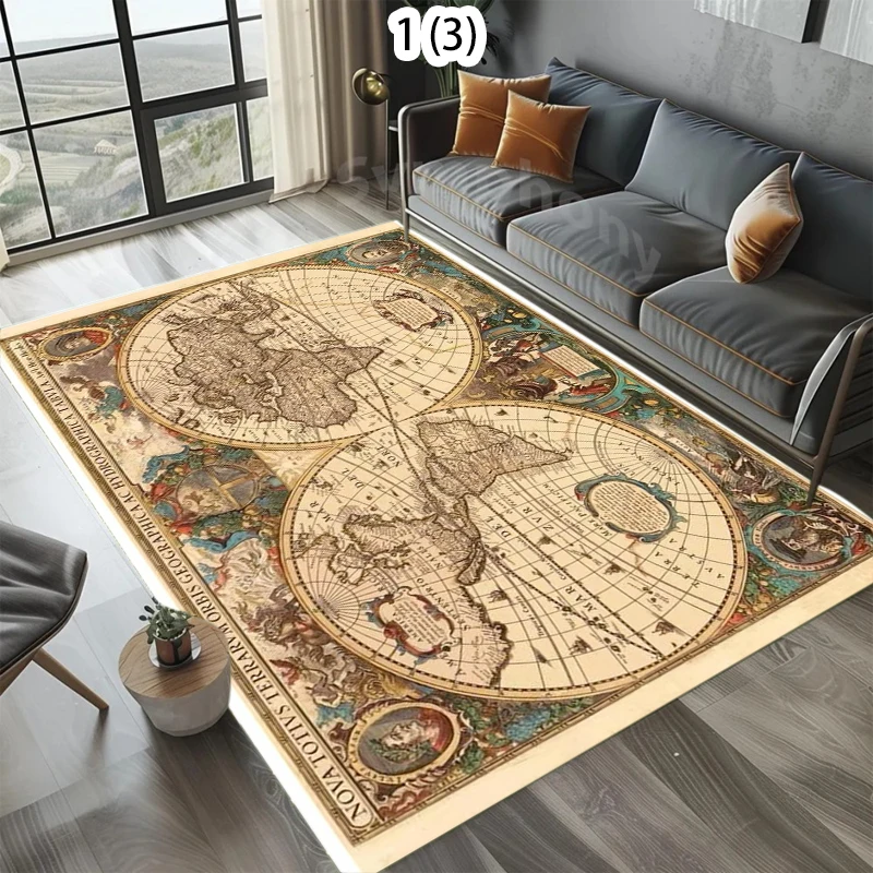 Vintage Antique World Map Pattern Non-Slip Area Rug Soft Washable Floor Carpet for Living Room Bedroom Home Decoration