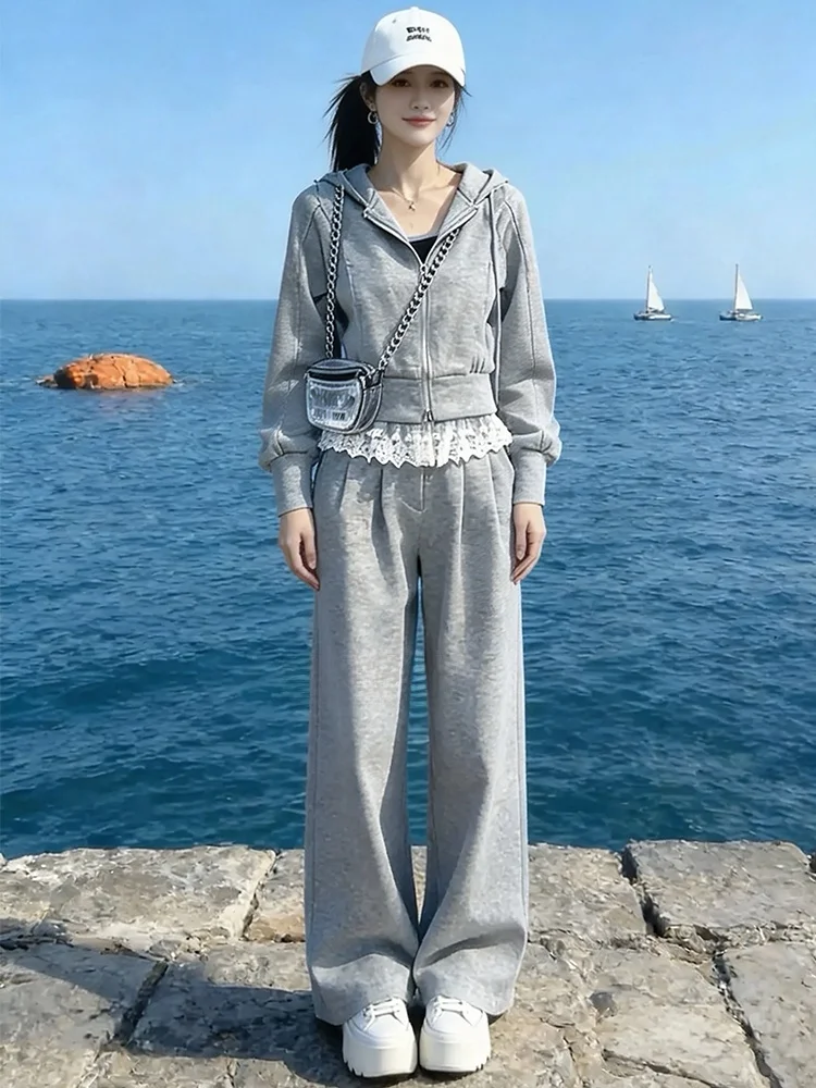 

Casual Sporty Two-Piece Set for Women Lace Splicing Grey Jacket Top Wide Leg Pants Comfortable High Waist Spring Fashion