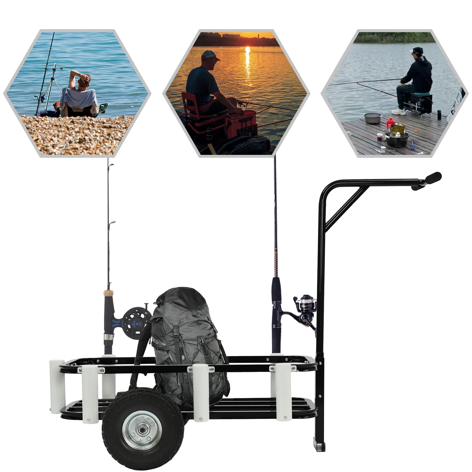 

Тележка для пляжной рыбалки, складная тележка с 7 стержнями, алюминиевая тележка для пирса, 2-колесная пляжная тележка с твердыми резиновыми шинами для кемпинга