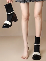 Black Booties White Cute Elegant with Medium Heels Short Shoes for Women Kawaii Footwear Female Ankle Boots Sock New in Y2k Pu