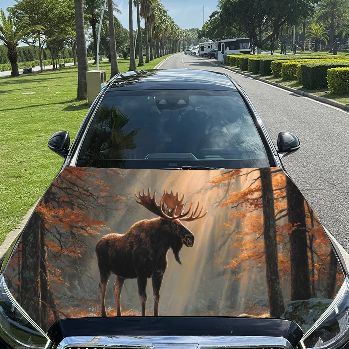 

Lively Forest Moose PVC Car Engine Hood Vinyl Wraps, Self-Adhesive Waterproof Car Hood Decal Sticker, Car Decoration Protection