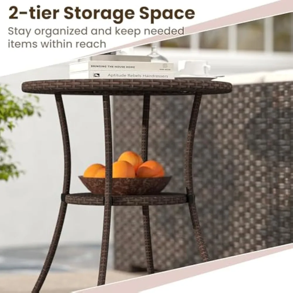 25.5" Wicker Patio Dining Table, Outdoor Round Bistro Side Table with Tempered Glass Top and Storage Shelf,