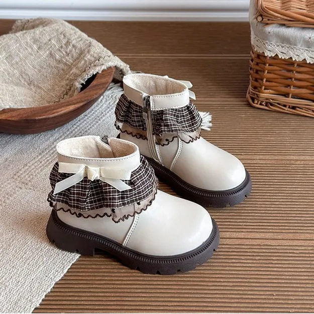 Children's Shoes Girl Mid Length Warm Leather Boots Baby Bow Cute Cotton Shoes Plush Winter New Student Two Cotton Boots Botines