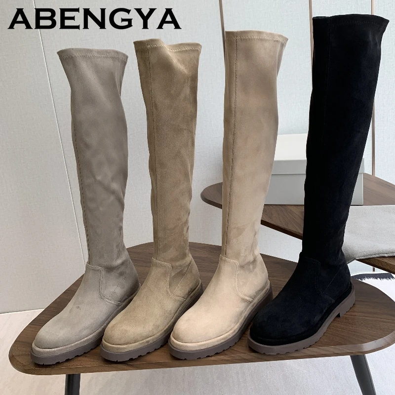 

2025 Autumn Winter Suede Leather Long Boots Women Thick Sole Round Toe Knee-High Boots Sexy Slim Fit Knight Stretch Botas Mujer