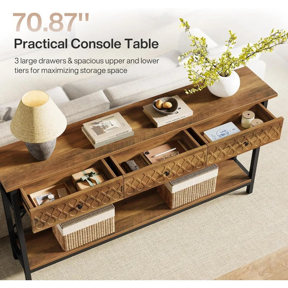 70.86 طاولة أريكة طويلة جدًا مع 3 أدراج، طاولة مدخل ضيقة صناعية من طبقتين خلف الأريكة