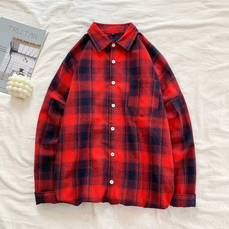 

Red Black Classic Plaid Shirt Men's Long Sleeve Loose Blouse American Retro Versatile Spring Autumn Outerwear Coat for Men Tops