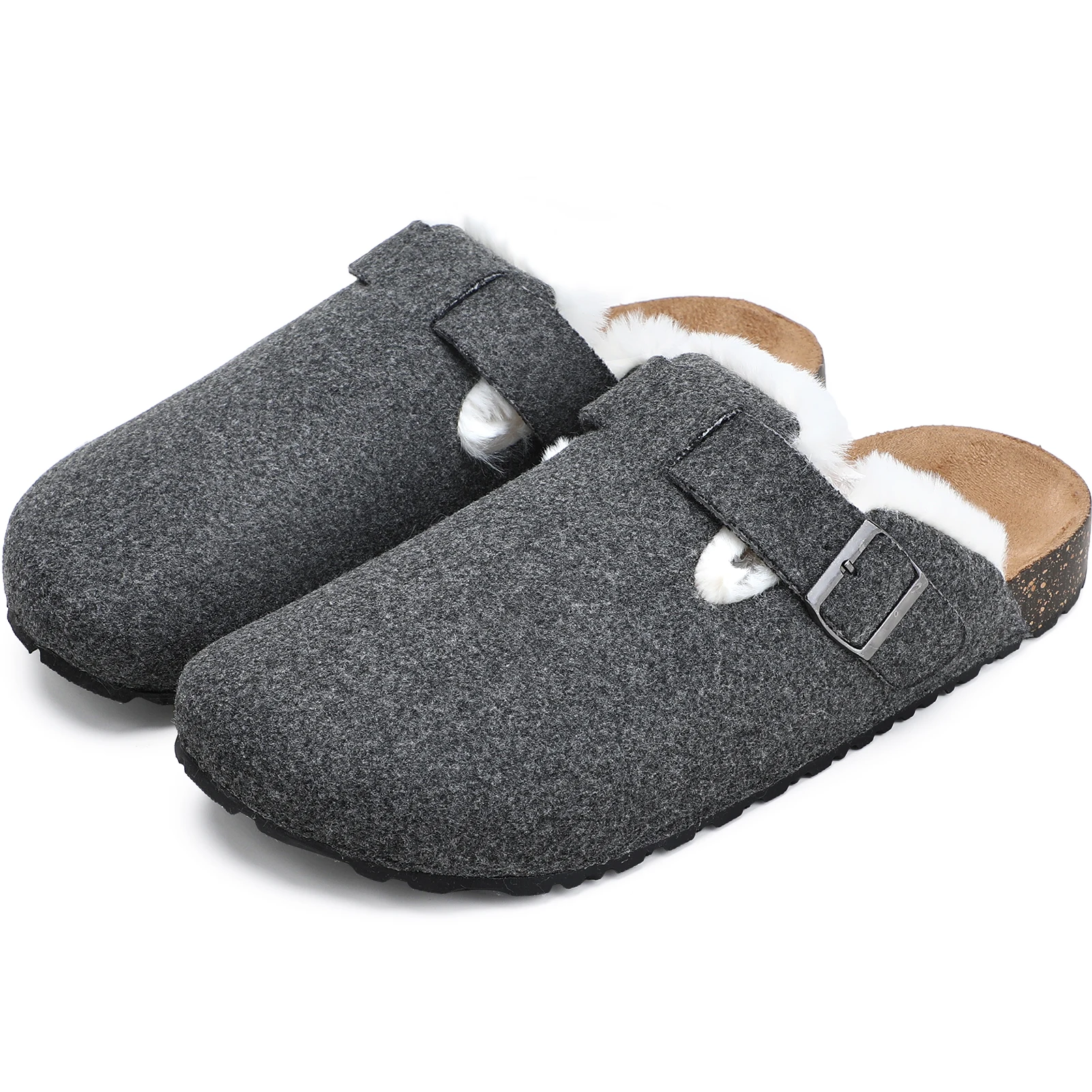 Women Cork Clogs for Women, Indoor Outdoor Fuzzy Slipper Warm Shoes, Cozy Mules & Clogs with Buckled Felt