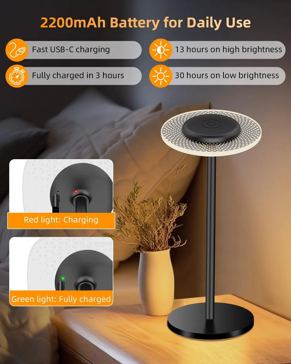 โคมไฟตั้งโต๊ะ LED โคมไฟตั้งโต๊ะไร้สายไฟข้างเตียงสัมผัสหรี่แสงได้ RGBW แสงอุ่น USB-C ชาร์จแบตเตอรี่ 2200mAh IP54 กันน้ำ