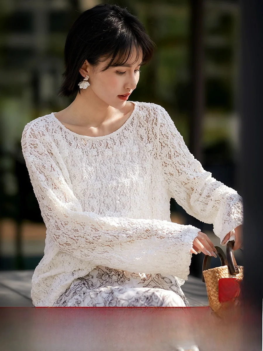 

Нежный топ XiaoHanGe с ажурным кружевом и длинными рукавами, из мягкой и красивой хлопковой смеси, цвета розового вина.