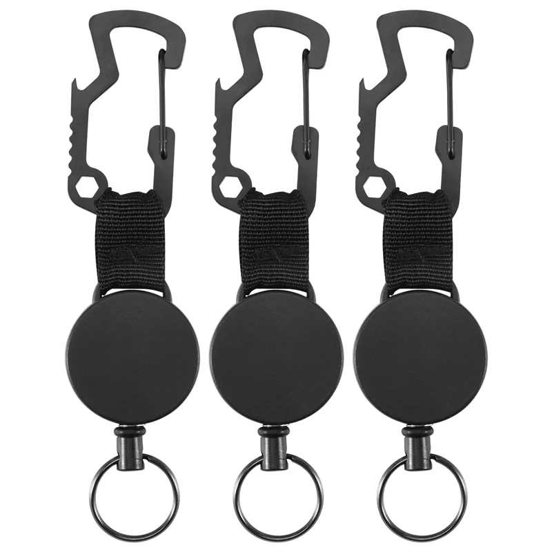 A68Z 3 Pack Retractable Keychain - Heavy Duty Badge Holder Reel With Multitool Carabiner Clip,Key Ring With Steel Wire Cord Up T