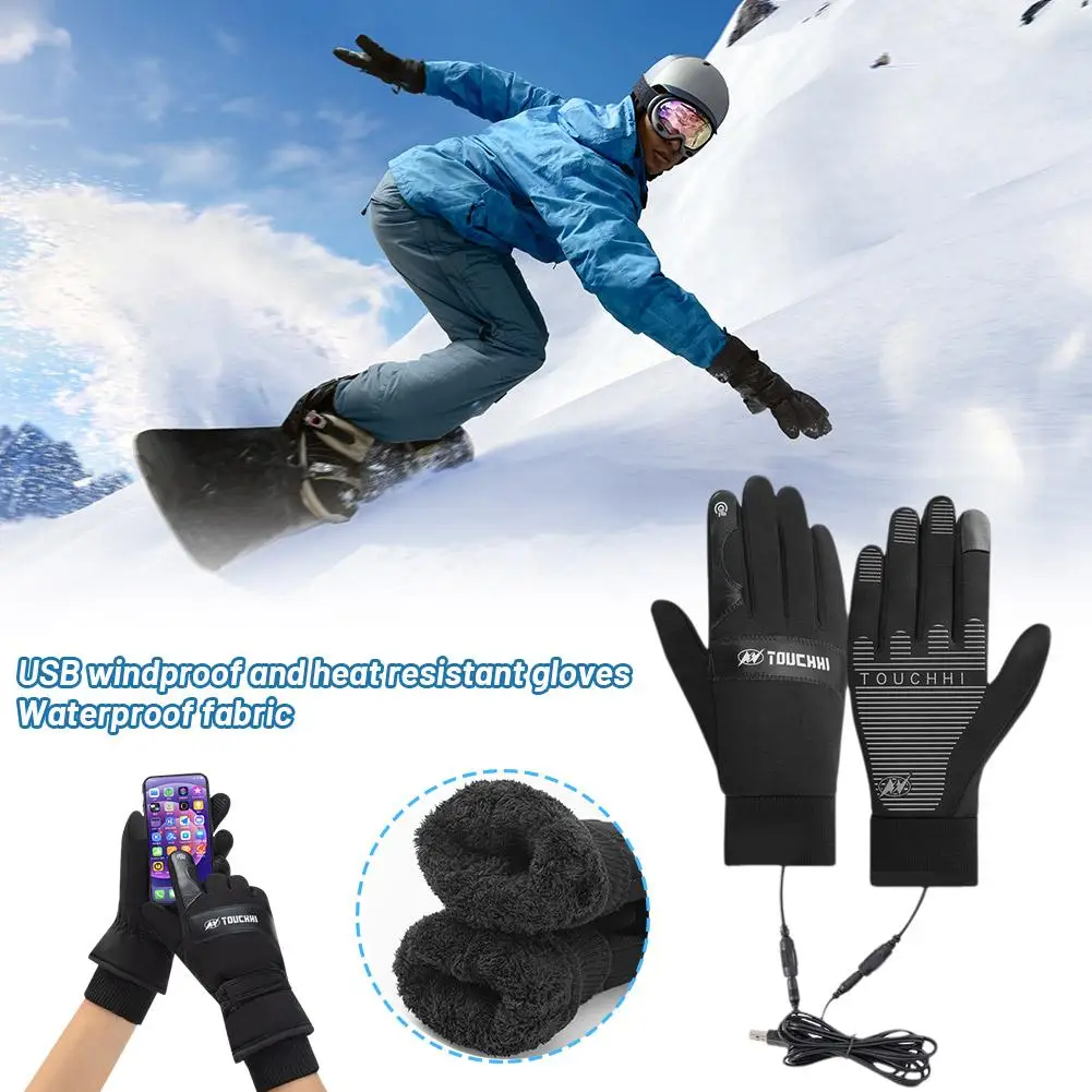 USB Heated Gloves Waterproof Touchscreen Winter Snowboard Camping Motorcycle Gloves Bicycle Water-resistant Skiing Outdoor Y3R6