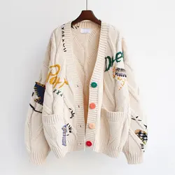 Embroidery Patchwork High Street Thick Knit V-Neck Women's Cardigan Sweater Single Breasted Cardigan For Women Clothing Winter