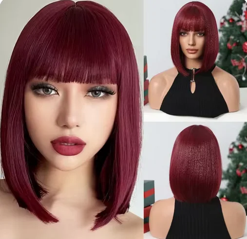 Wig sintetis merah anggur pendek wig lurus dengan poni untuk wanita pesta Cosplay Afro serat tahan panas harian alami