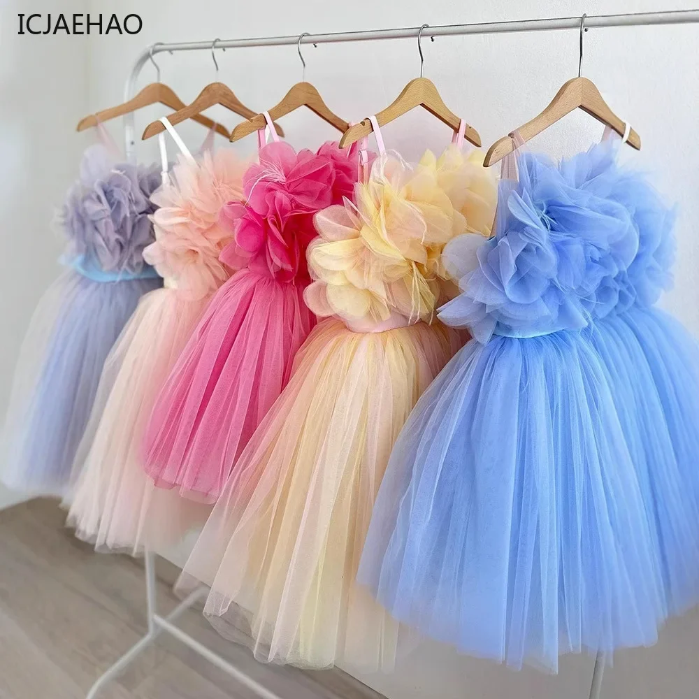 2025 Children's Flower Girl Dress Wedding Princess Dresses for Little Girls Pink Blue Purple Spaghetti Strap Tulle Tutu Skirt