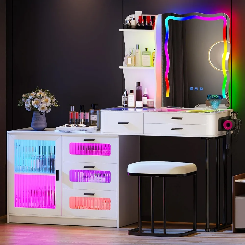 RGB Makeup Vanity, Glass Top Vanity Table with 24 Color Dimmable Lights,  8 Drawers, Dressing Table with Cushioned Stool