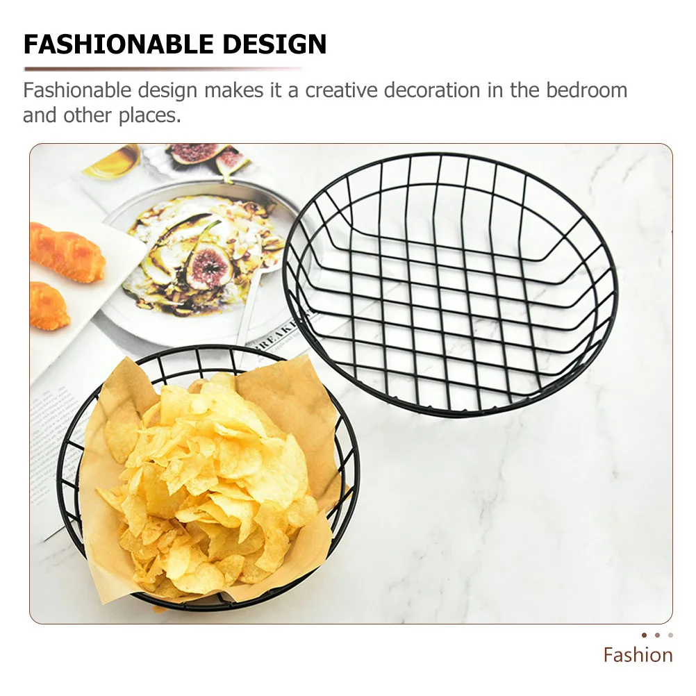 

2pcs French Fries Basket Round Wire Mini Strainer Chip Holder Bread Storage Hotel Snack Hollow Iron Fruit Vegetable Organizer