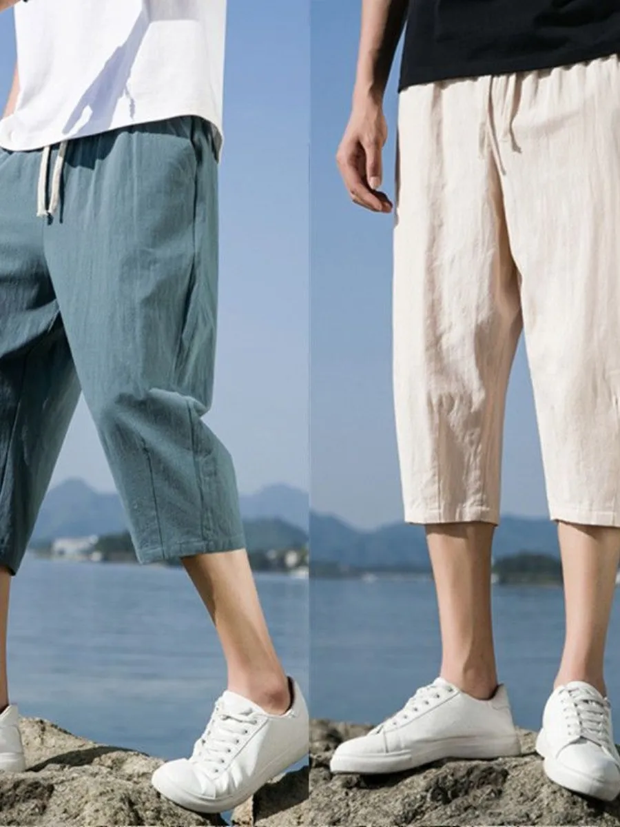 

Men's Trendy Cotton Linen Sports Shorts Summer Thin Large Size Straight Leg Loose Fit 7/8 Length Casual Mid-Length Pants