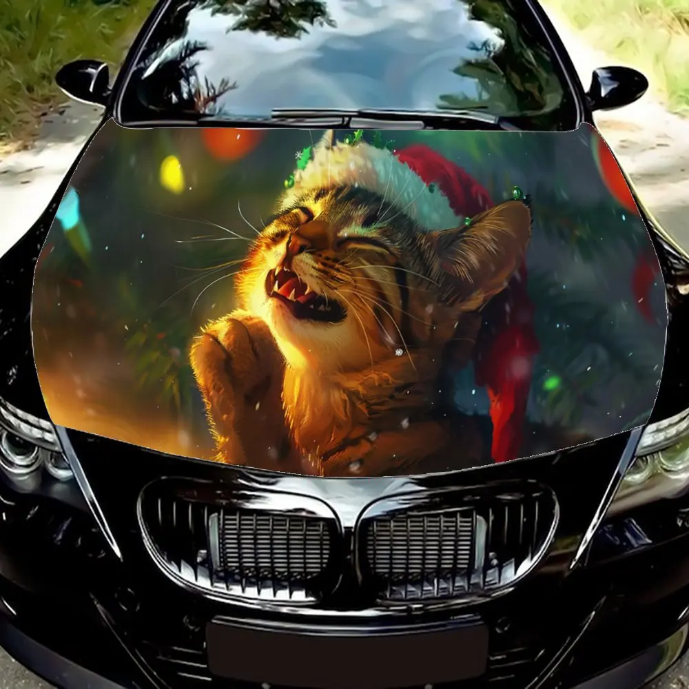 

Christmas Scenery Cat Print Car Hood Wrap Color Vinyl Sticker Truck Graphic Bonnet DIY Auto Accessories Decoration Decal Gift