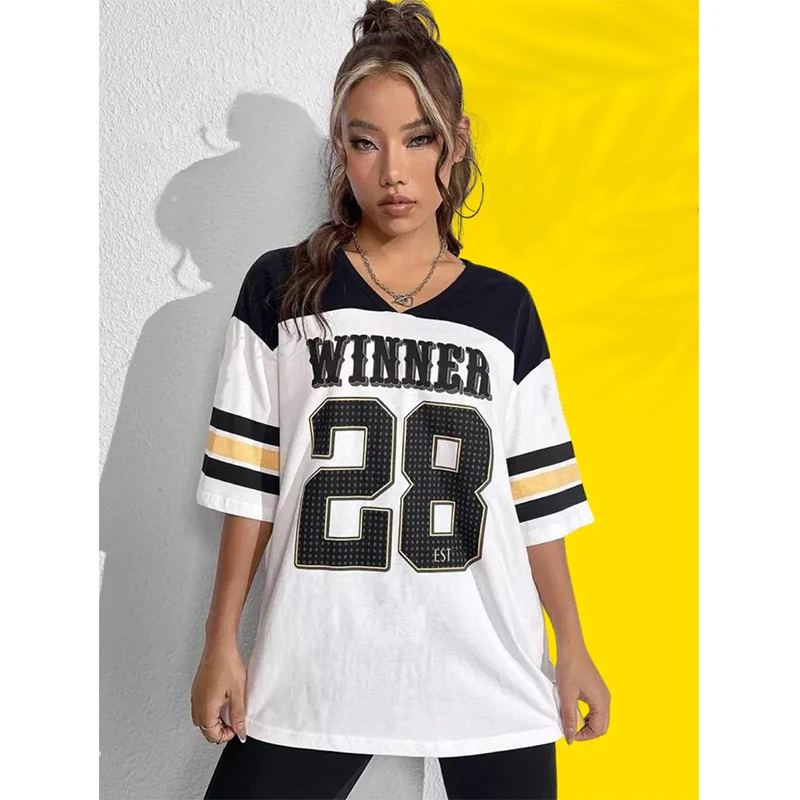 Winner No.28 Printed Women'S Jersey T-Shirt V-Neck Oversized Loose Short Sleeved Sportswear Summer Fashion First Women'S Top