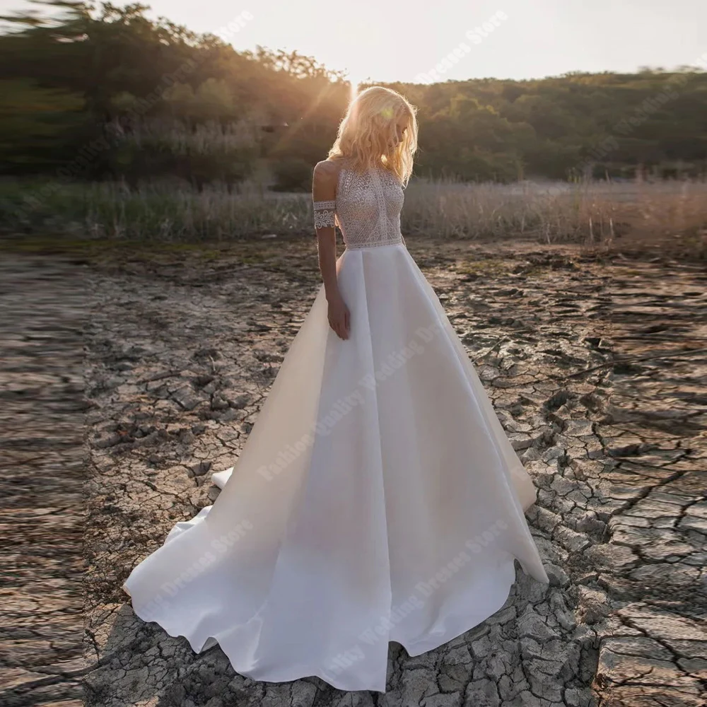 Precioso vestido De Novia De encaje para mujer, Vestidos De Novia brillantes De princesa, línea A, Formal, Fiesta en la playa, Sexy, sin mangas