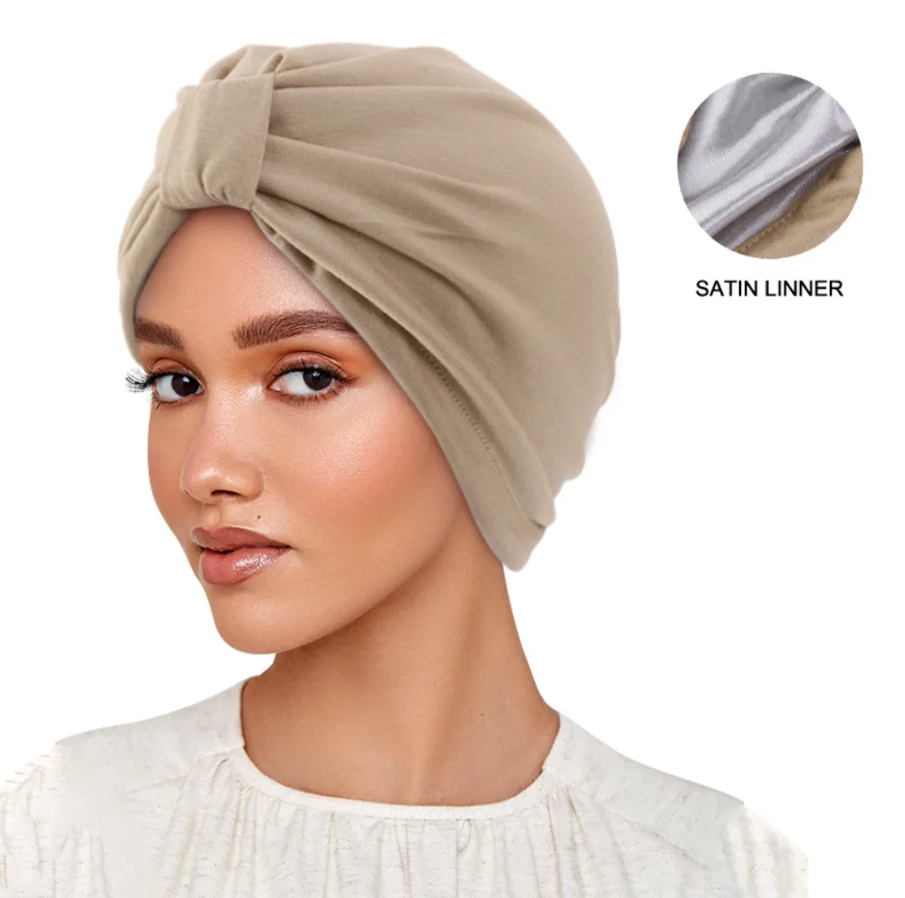 Satin Lined Bonnet Cap For Women Bamboo Stretch Satin Silky Night Sleeping Cap Skullies Muslim Turban Head Wrap Hair Care Bonnet