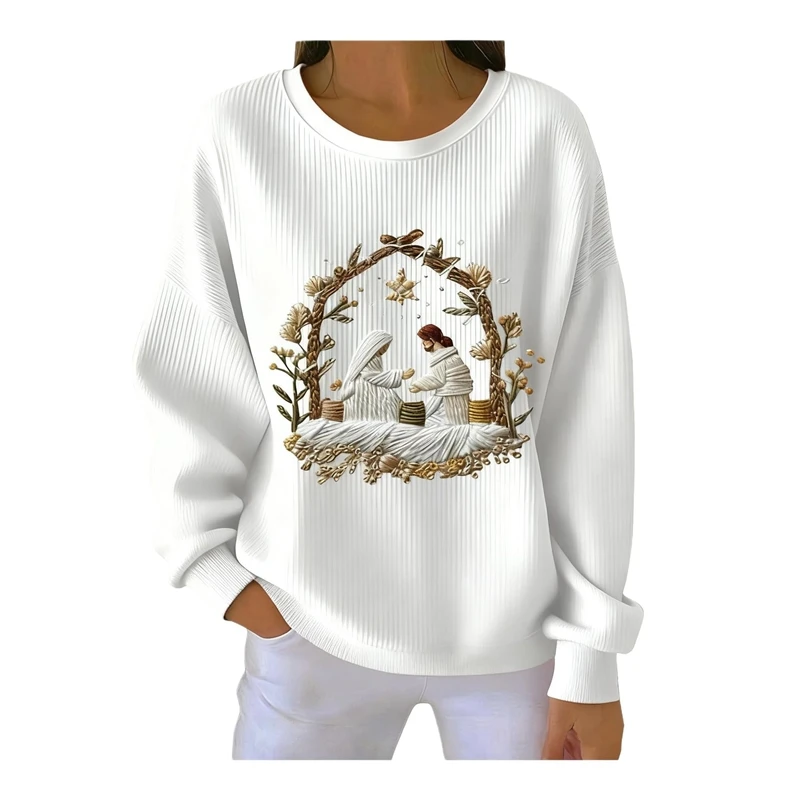 New Floral Wreath Print Crewneck Sweatshirt For Women Soft Cozy Casual Pullover Ideal For Office Travel Gift For Her