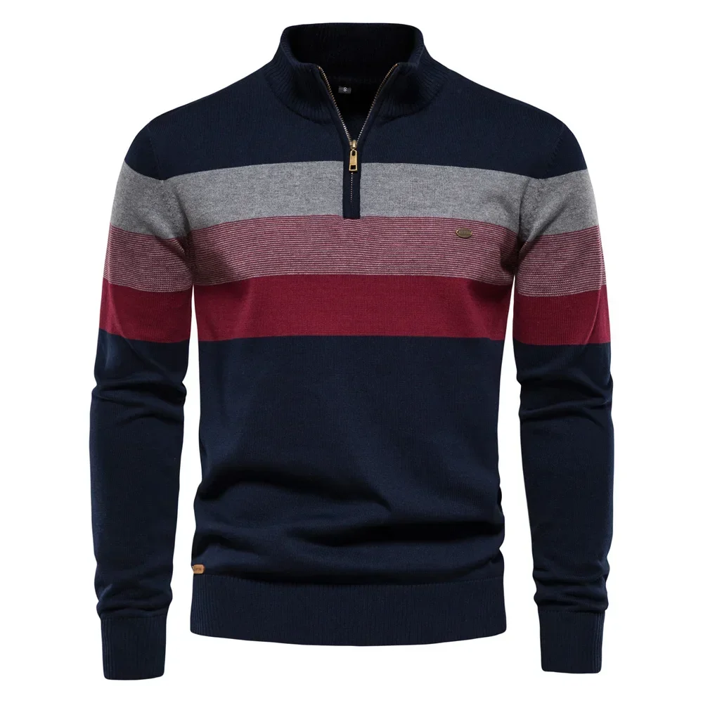 

Men Pullovers Zipper Stand Collar Sweaters Striped Full Sleeve Knitted Casual Regular Knit Top Simple Thick Autumn Winter New