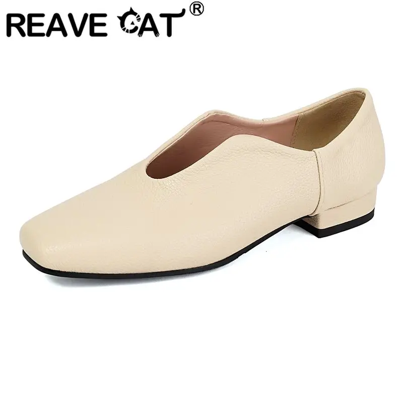 

REAVE CAT Beige Women Flats Square Toe Slip On Loafers Extended Size 42 43 Modern Soft Handmade Daily Office Lady Shoes Footwear