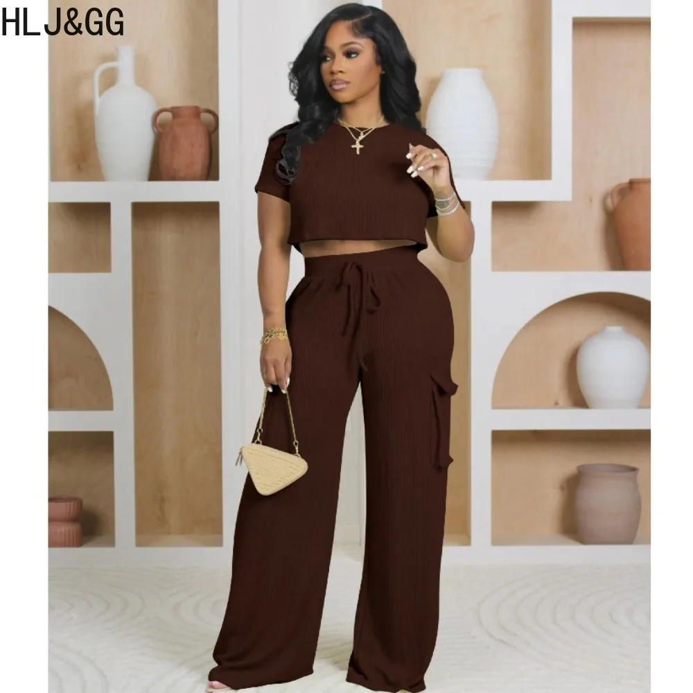 HLJ&GG Fashion Solid Drawstring Wide Leg Pants Two Piece Sets Women O Neck Short Sleeve Crop Top + Pants Outfits Female Clothing