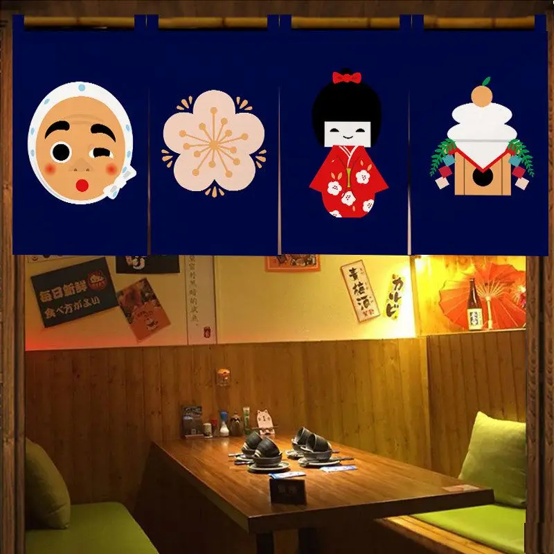 VIKAMA Kitsune Mask Fuji Mountain Noren Curtain Japanese Style Short Door Curtain Sushi Shop Partition Banner Home Decor
