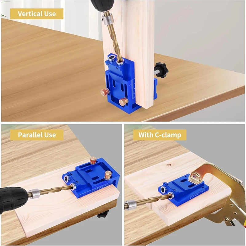 AT19-Pocket Hole Jig Kit For DIY Woodworking,Adjustable Woodworking Tool For 15° Angle Pocket Hole Drilling Guide Clamp Set