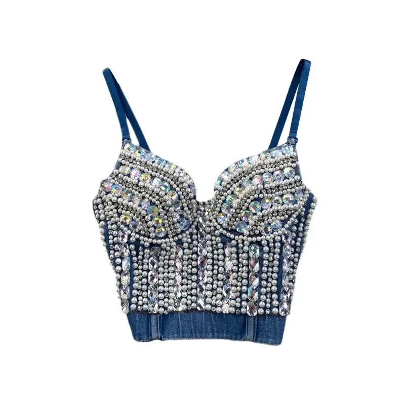 customized sexy lingerie performance costumes diamond studded denim suspender women's outerwear fishbone top belly dancing bra