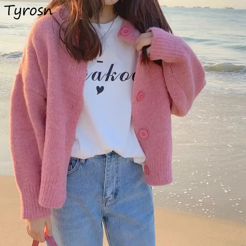 

Кардиган женский, милый, нежный, мягкий, с круглым вырезом, вязаная верхняя одежда, девичий уличный свитер на пуговицах, свободный крой, свитера с длинными рукавами для студентов