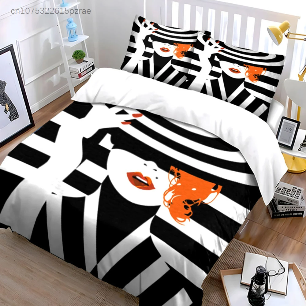 3Pcs Stylish Retro Woman Bedding Set, Black And White Stripes With Red Lips Print Duvet Cover + 2 Pillowcases,Fashion Art Decor
