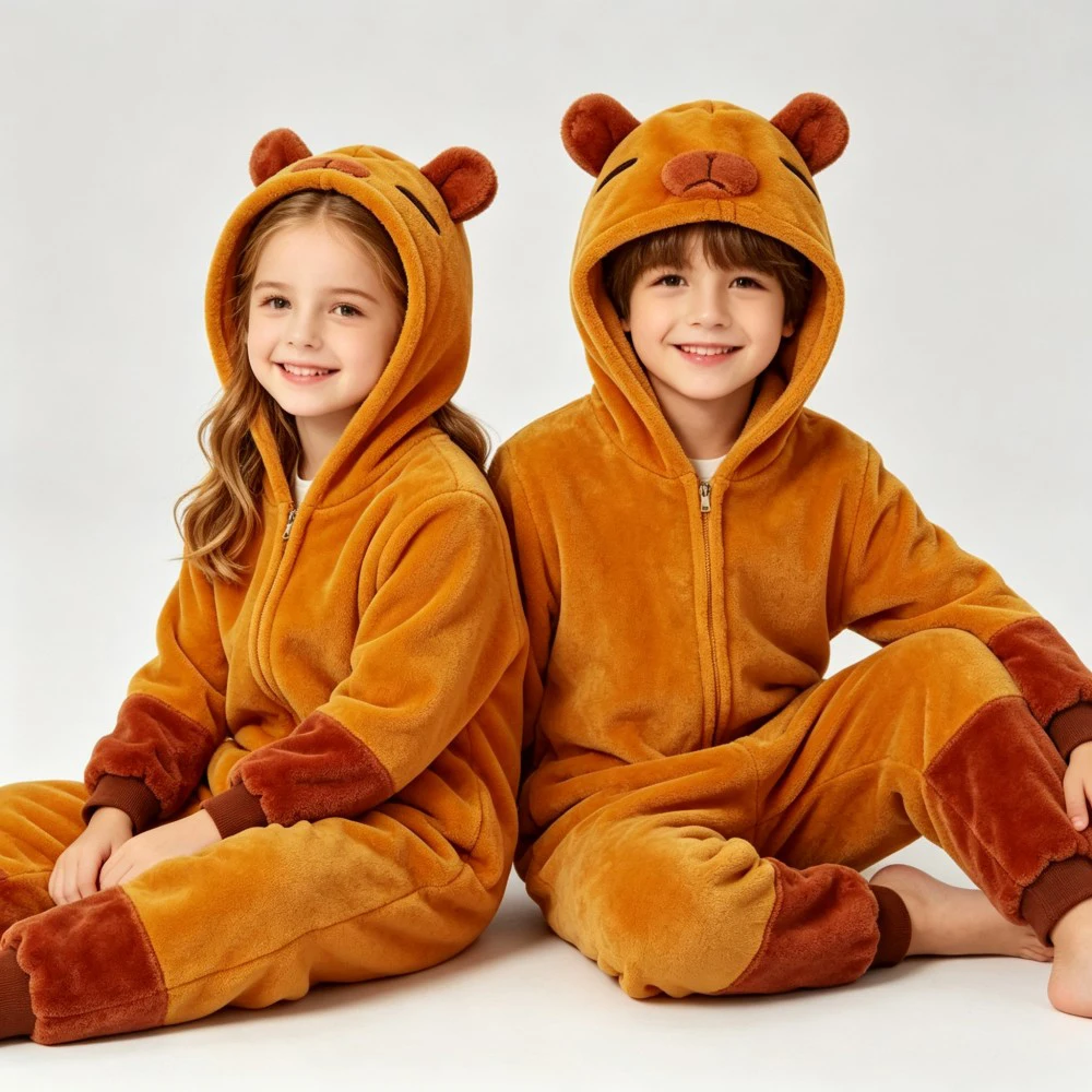 Warm Capybara Animal Onesie Kids Pajamas Flannel Hooded Jumpsuit Cute Cartoon Sleepwear For Toddler Boys Girls Home Wear 4‑12Y