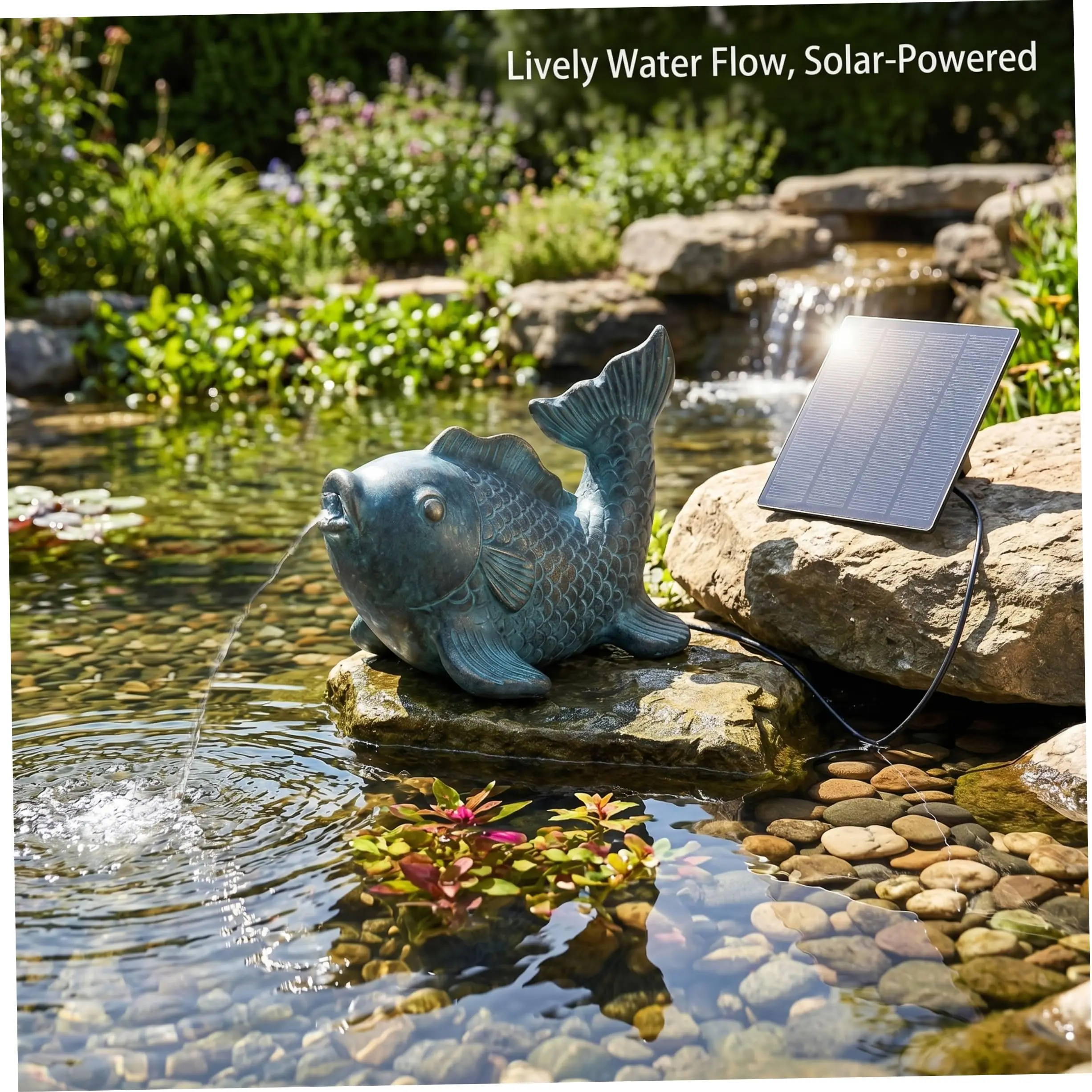 Cute Fish Small Water Fountain, r-Powered Pond Spitter, Resin Outdoor Decor for Small Ponds & Gardens (6.89x6.30x5.51