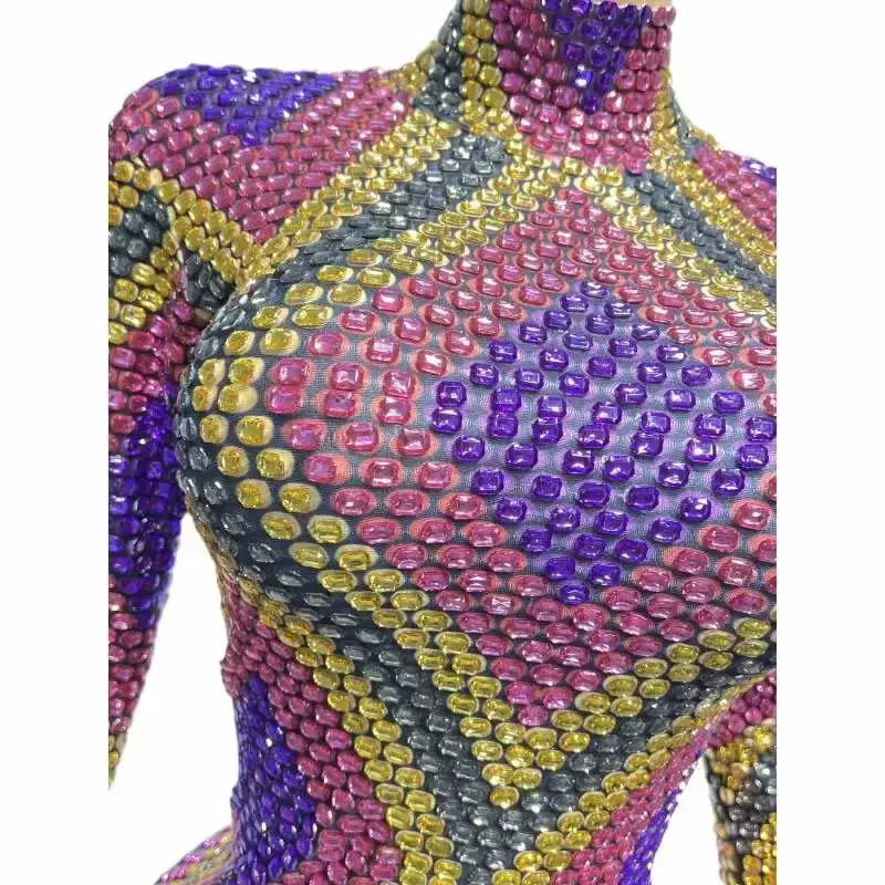 Bling Bling Long Sleeve Women Short Dress Rhinestone Drag Queen Outfit Birthday Stage Performance Costume Celebrate 2023