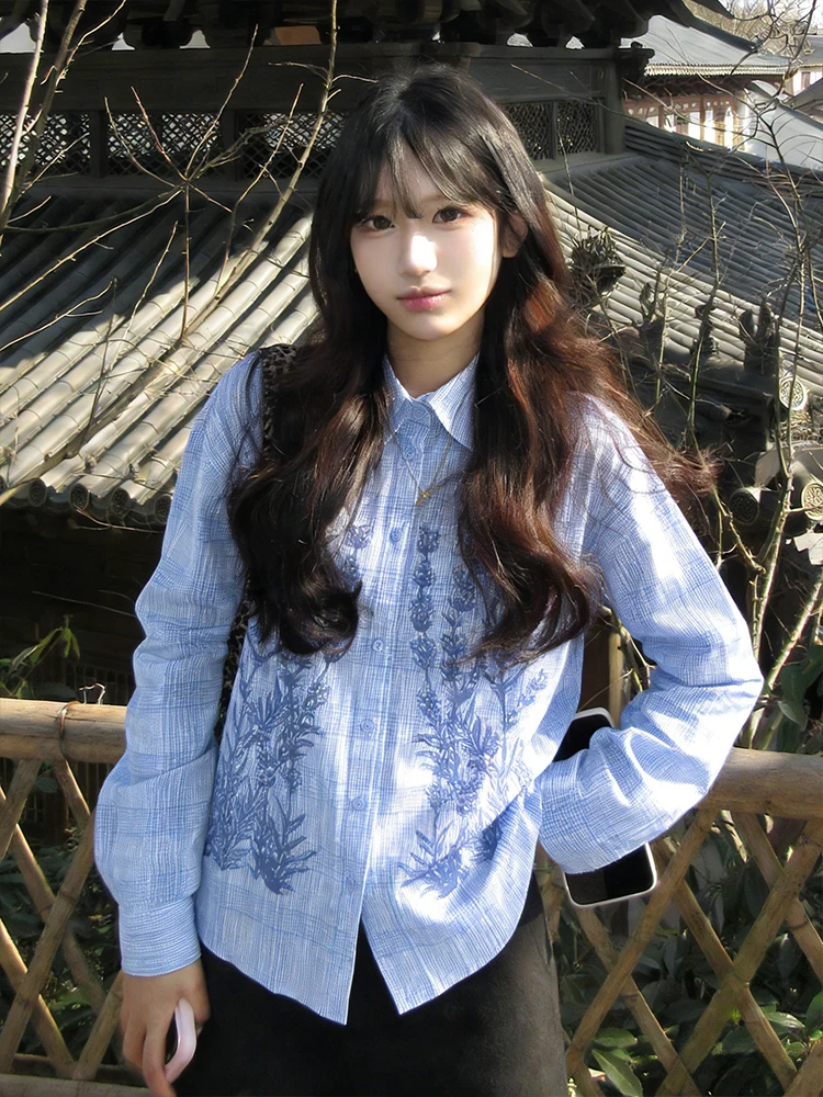 

Blue Plaid Floral Print Loose Women's irt Jaet Casual Sle Sun Protection Spring Autumn Top Button up College Sle