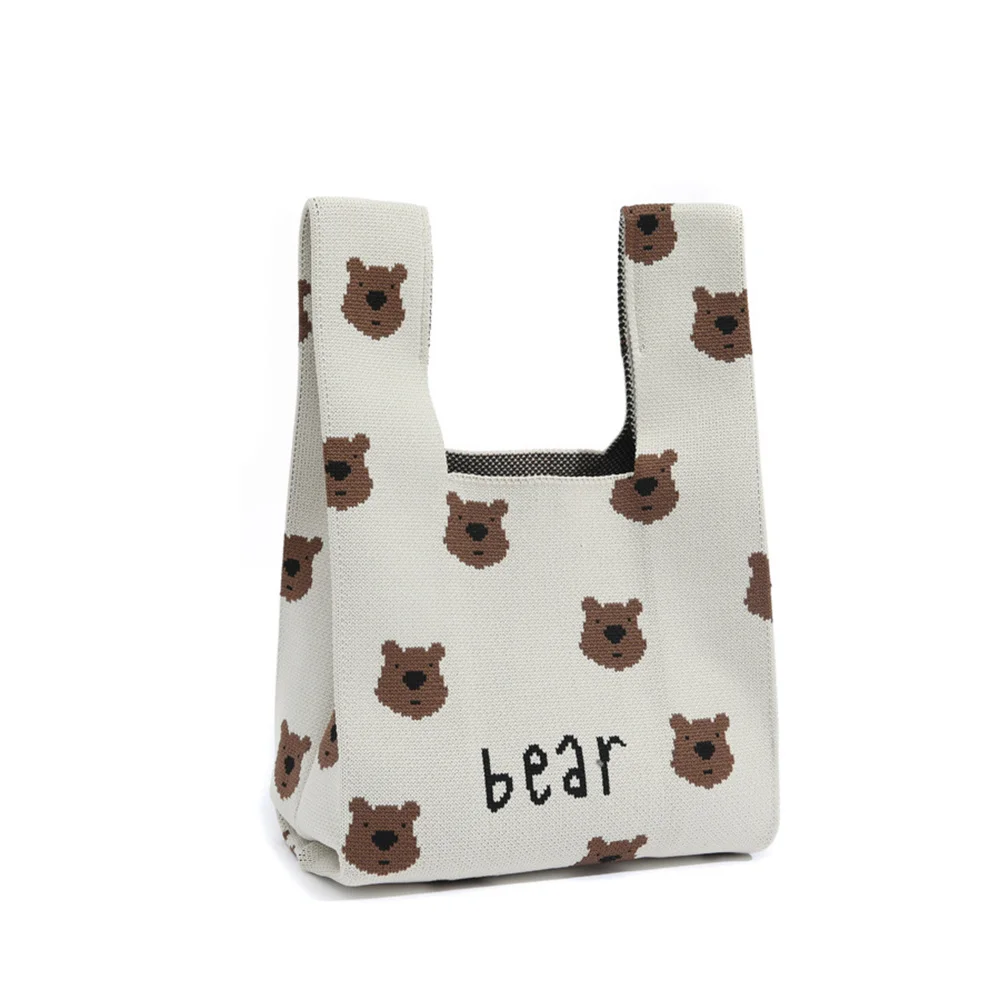 Cartoon Bear Knitting Bag Women Handbag Casual Tote Bag Handbag Commuter Shoulder Bag Student Reusable Shopping Bag 35x20cm