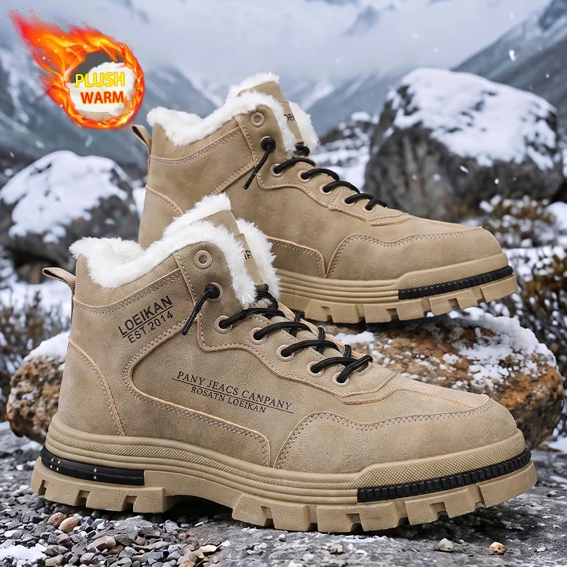 Men's Fleece Warm Winter Boots Lace‑up High‑top Thick Rugged Outsole Anti‑slip Male Snow Work Boots For Cold Weather