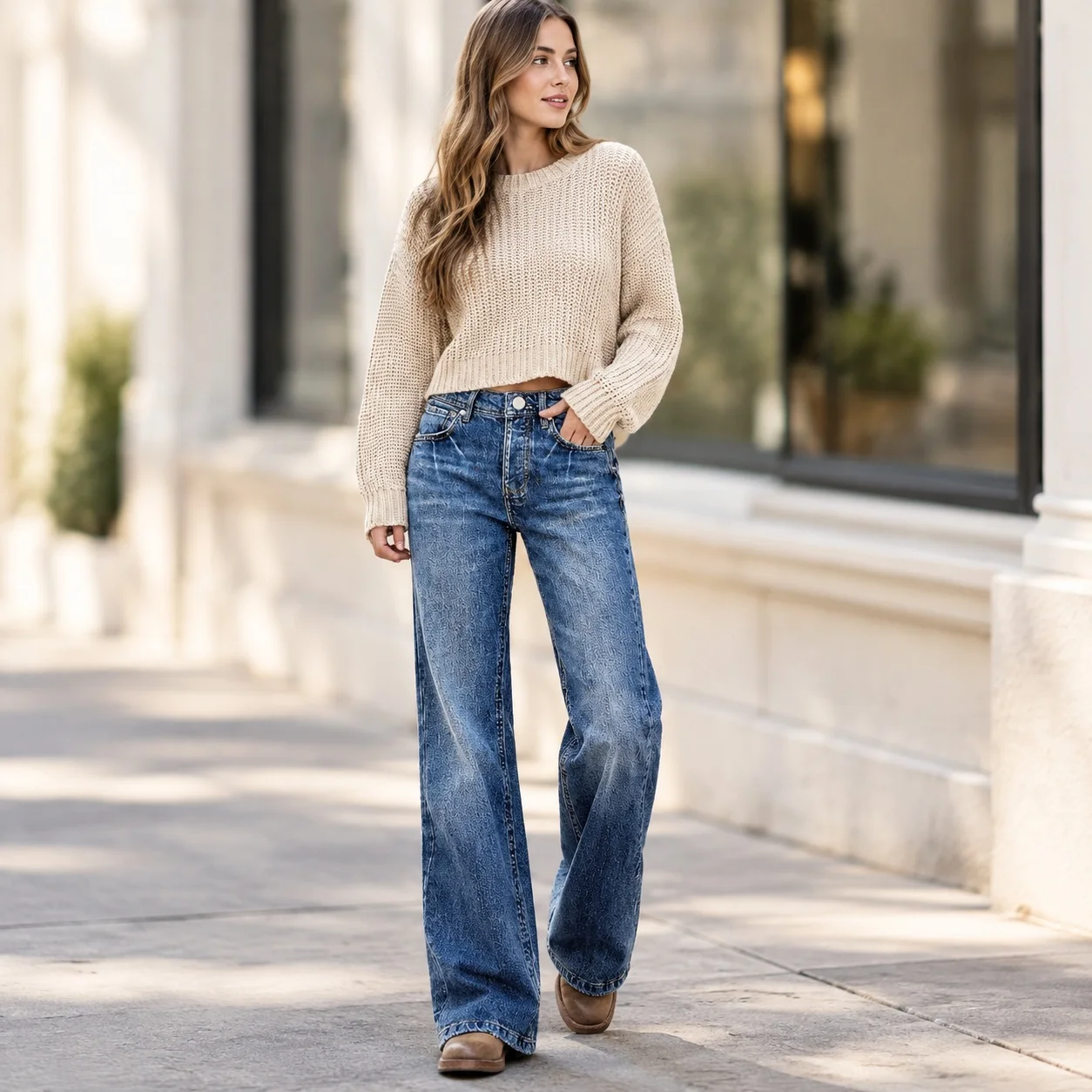 Wide Leg Flared Jeans Flared Leg Streetwear with Full Length Slight Stretch Regular Thickness Loose Fit Western Women Jeans