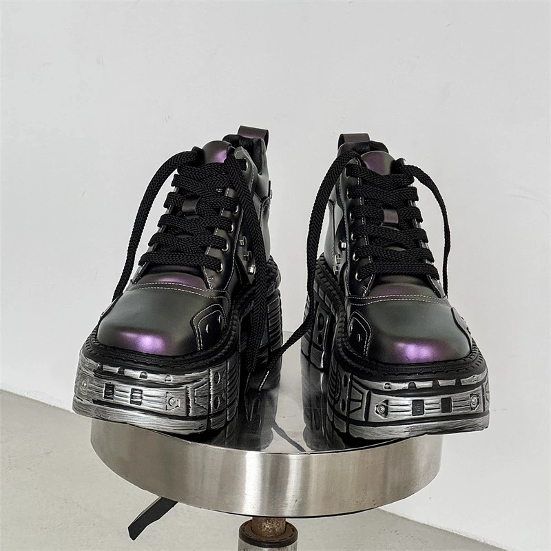 Chunky Sneaker Men Designer Retro Punk Motorcycle Boots Fashion Casual Leather Fabric Height Increased Flat Platform Sport Shoes