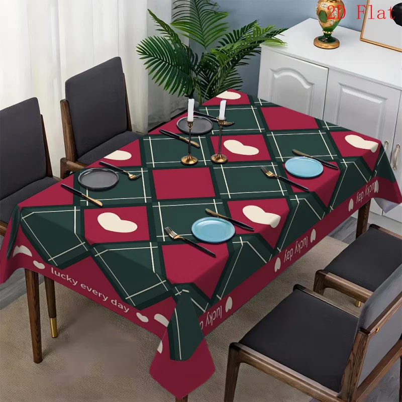 1pc 2D Flat Banner Rectangular Tablecloth, Vintage Red and Green Checkered Heart Pattern Rectangular Tablecloth, for Weddings, P