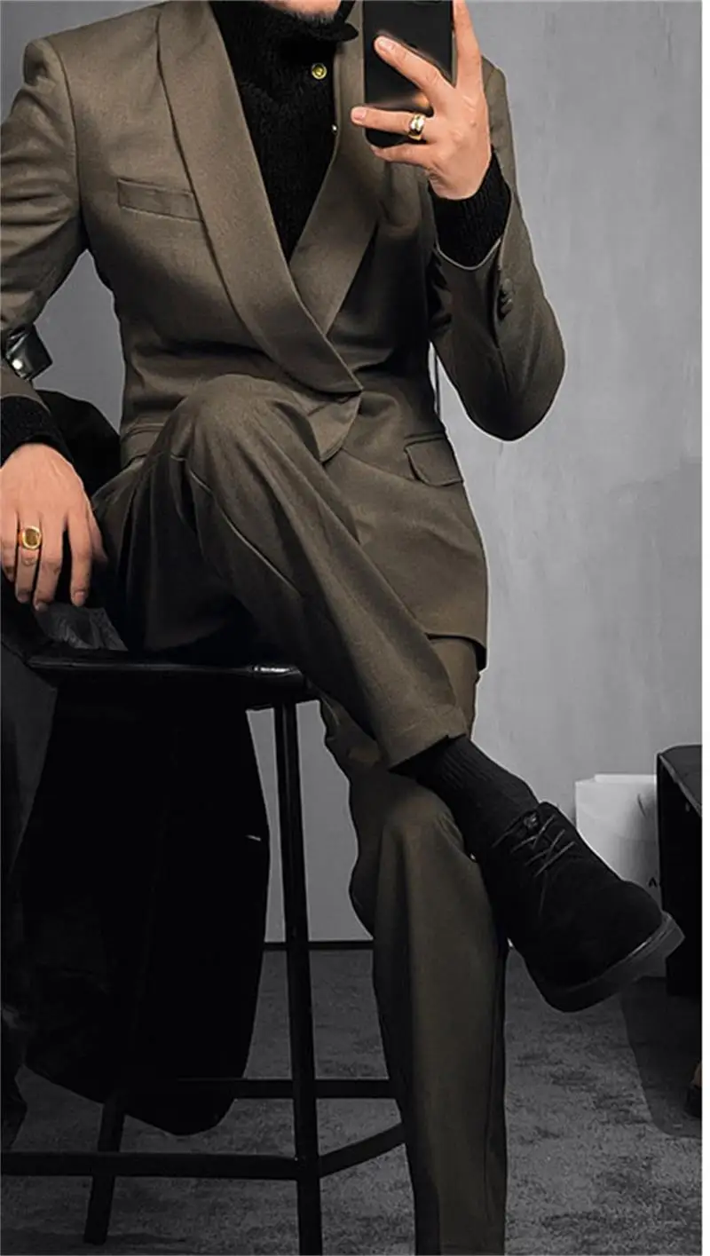 High-end Men Business Suit 2pc Set Single Breasted Slim Fit Suit Jacket Straight Leg Suit Pants Groom's wedding banquet suit set