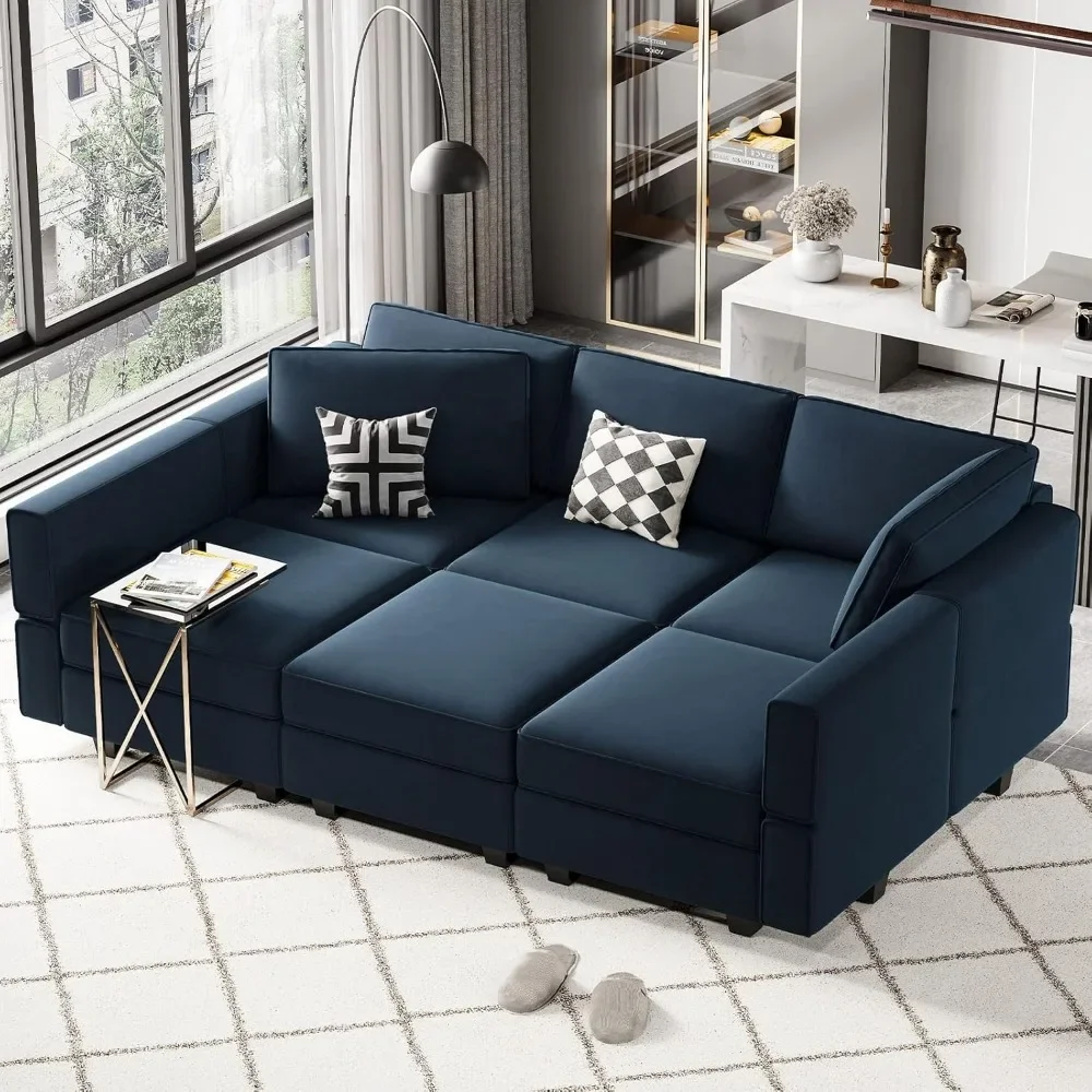 

Modular Velvet Sectional Sofa with Chaise Lounge Sectional Sleeper Sofa with Storage Chaise Sofa Bed Couch for Living Room Blue